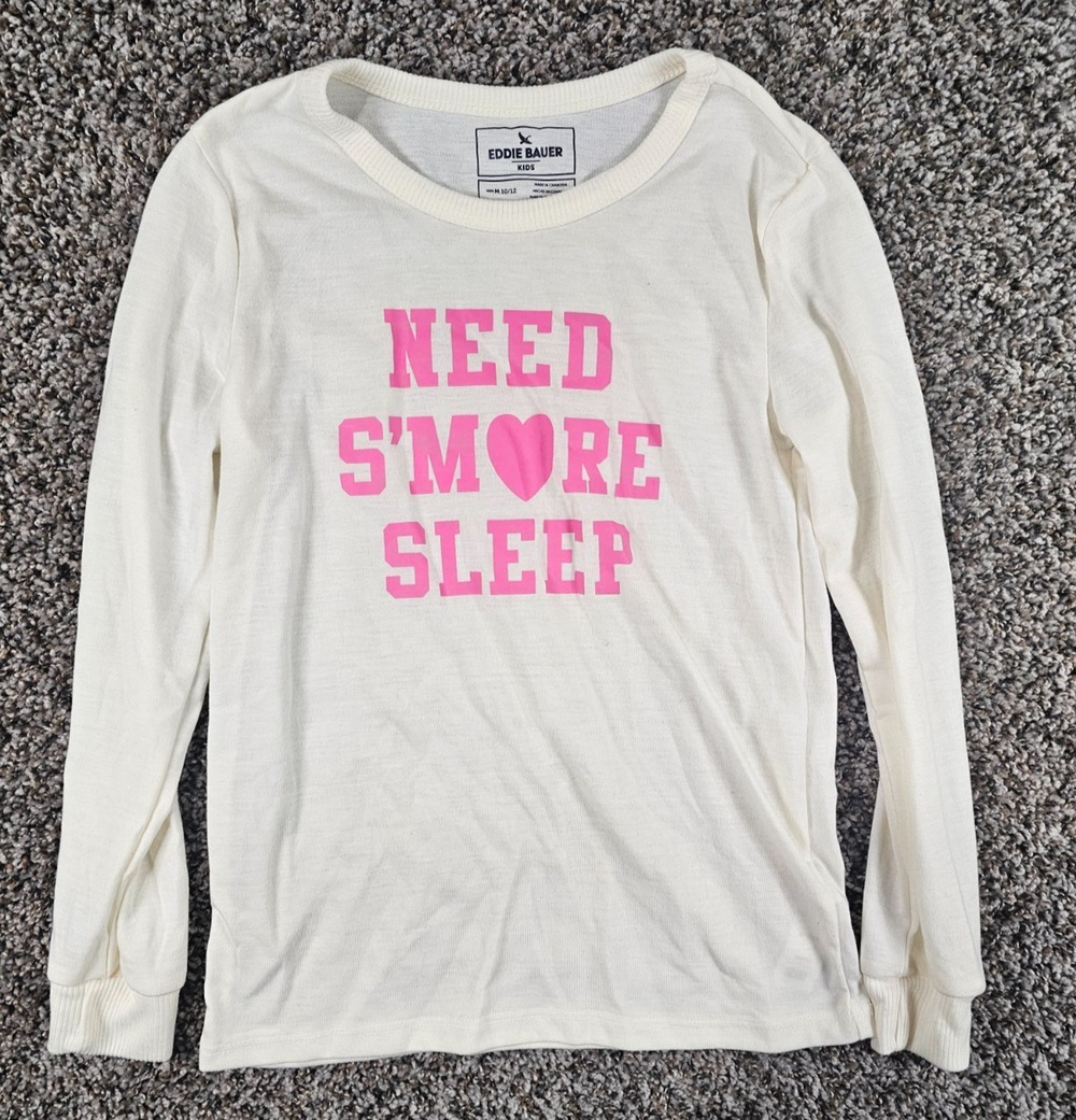 Eddie Bauer Girls Sz M Long Sleeve Pajama Shirt White Pink Need Smore Sleep